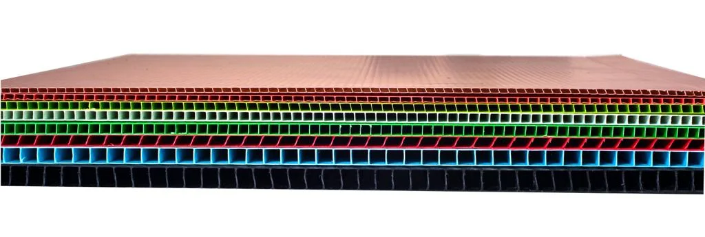 Corrugated plastic sheets showing their colors and internal flute structure